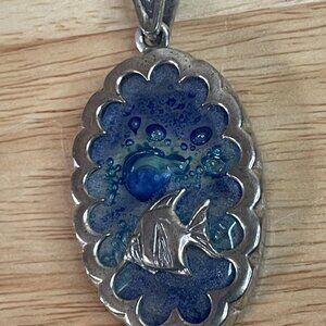 Large Vintage Art Glass Fish Pendant 925 Sterling Silver Blue Bubbles Nautical